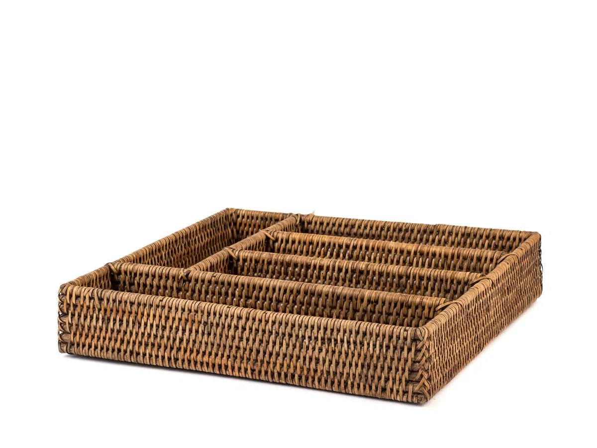 H&H Porta Posate in Rattan Naturale Marrone, Organizer Tavola 5 Scomparti, 34x32x6,5 cm, Porta Posate per Mise en Place, Buffet e Cucina