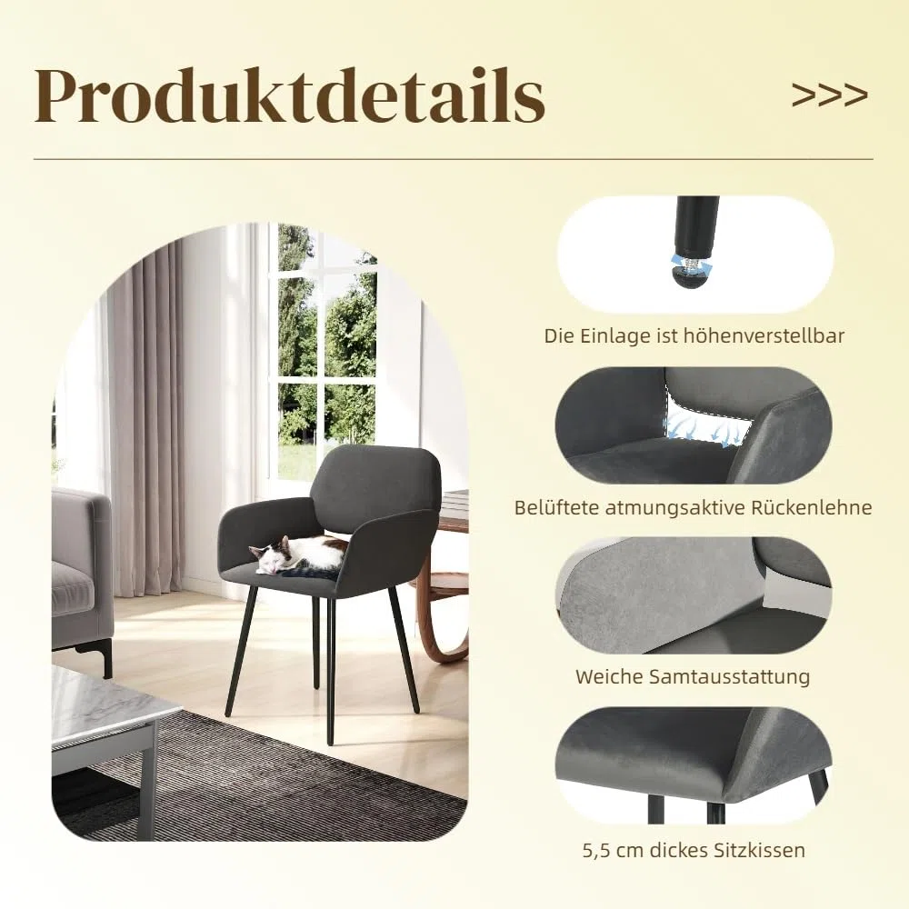 1 Pezzo Sedie Moderne Sala da Pranzo Imbottite per Cucina Grigia, Sedia Imbottita Cucina Moderna Scandinava con Braccioli per Sala da Pranzo/Soggiorno/Ristorante/Hotel/Velluto Grigio Scuro