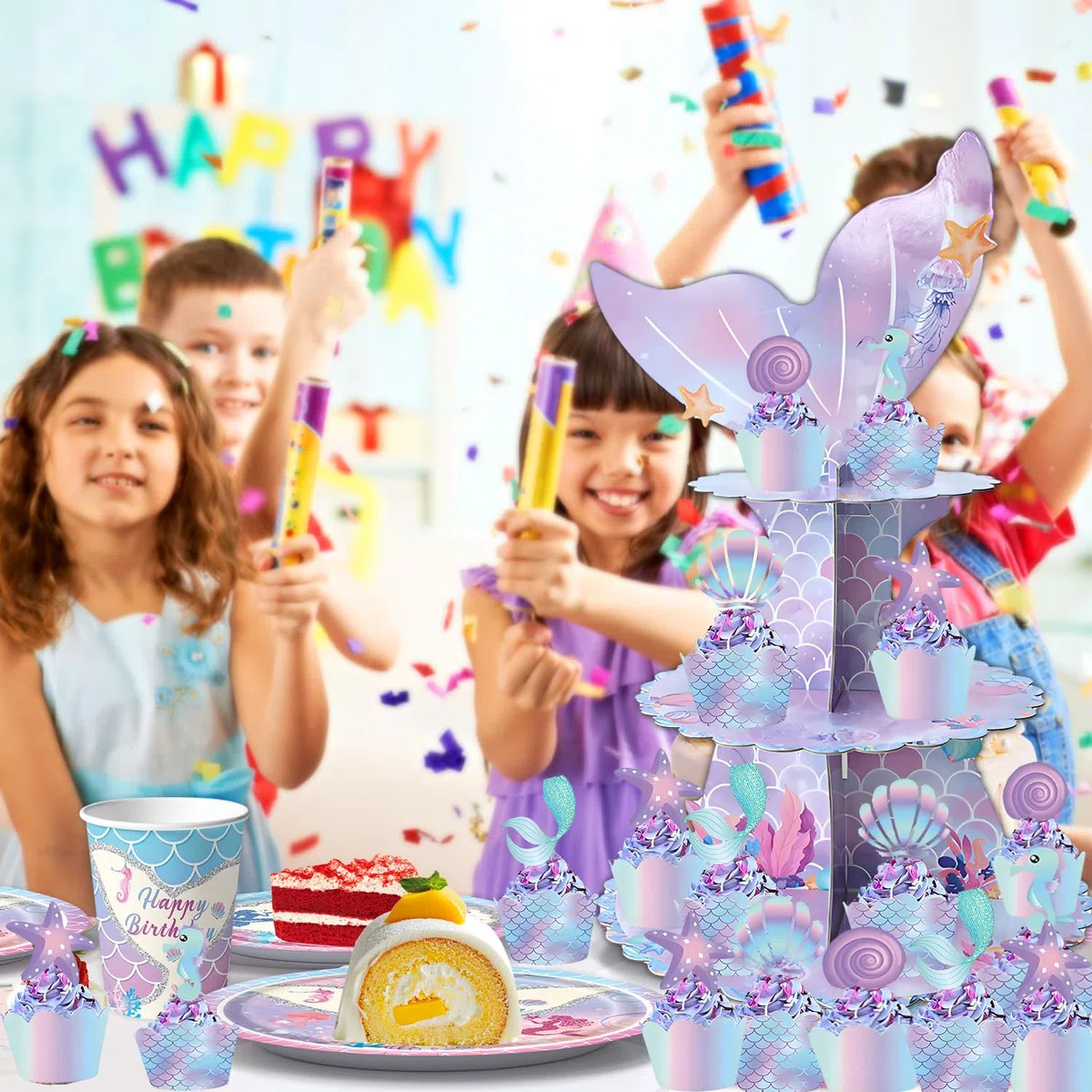 3 animali Fantasy Ocean Cake Stand, Cupcake Torre + 20 pcs Cupcake Wrappers + 20TCupcake Top, mondo subacqueo, da sogno, tema sirene, decorazione per feste di compleanno