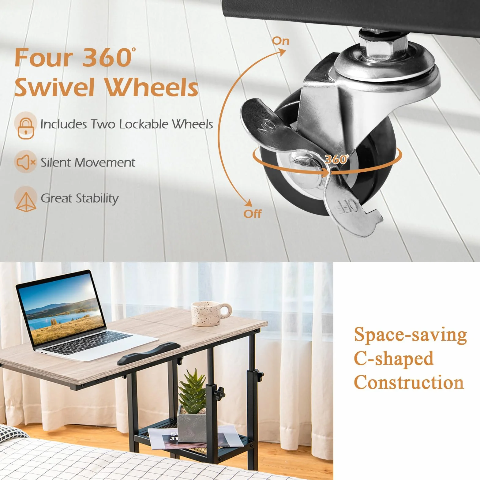 LIFEZEAL Tavolino da Divano, da Letto, a Forma di C, Scrivania Mobile Porta Laptop, PC, Serviletto, con 4 Ruote, Piano Inclinabile, Altezza Regolabile, per Soggiorno, Salotto, 80x40x64-95cm, Naturale