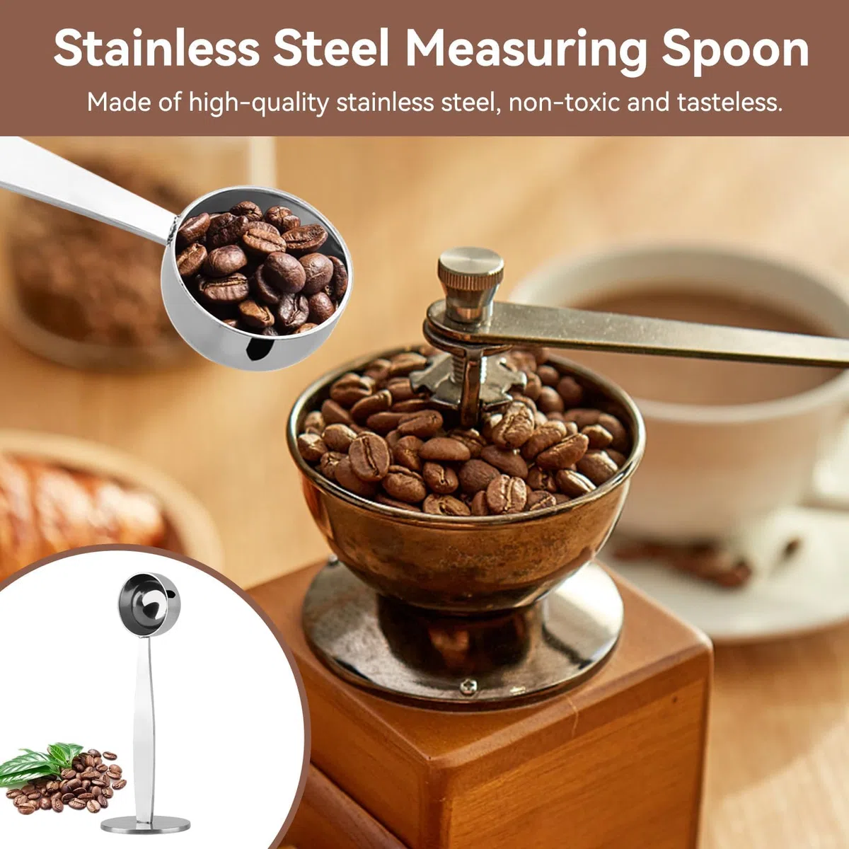 Dosatore per macchine da caffè, Cucchiaio Dosatore Caffe per Macchina Espresso con Tamper, in Acciaio Inox, Multifunzione per Misurazione Proteine, cacao, tè, 14.5cm/5.7inch