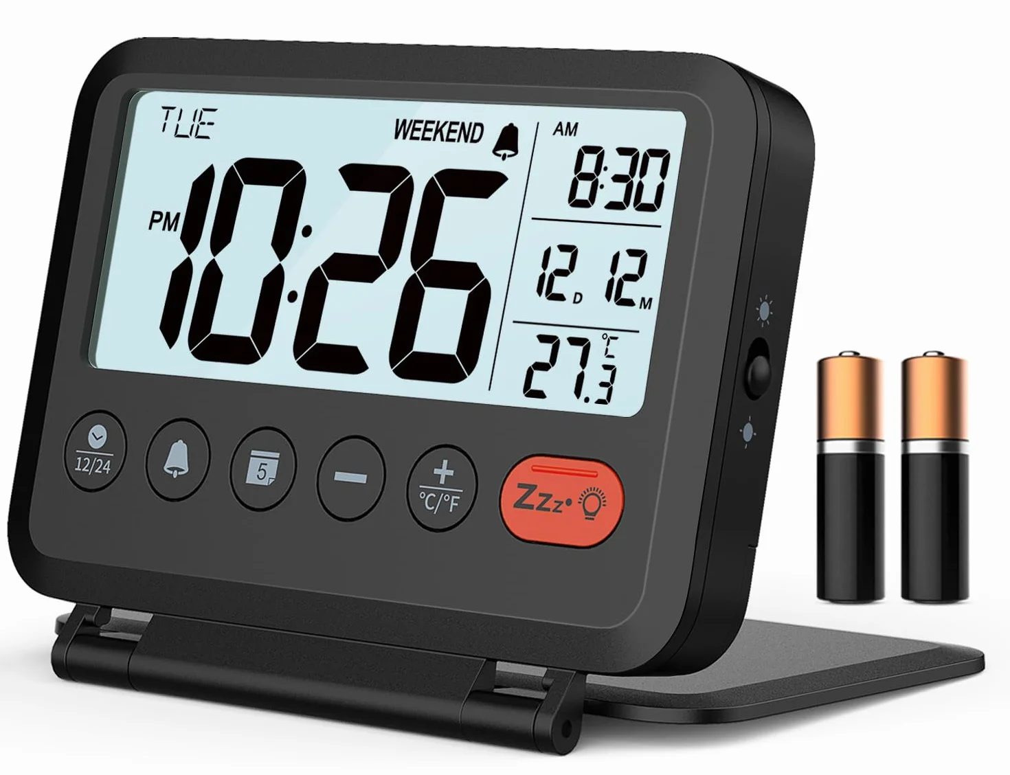 Sveglia digitale da viaggio: Piccola sveglia LCD con temperatura, 12/24 ore, modalità weekend e 2 volumi, ideale per la camera da letto e l'ufficio (batteria inclusa)