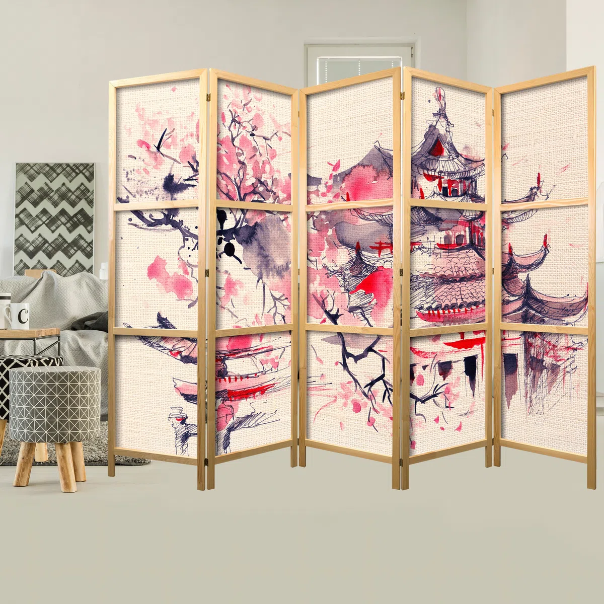 decomonkey 5 Panelli Paravento - 225 x 171cm Japan Flowers Divisorio Separè per la separazione degli ambienti la casa l'ufficio la spa