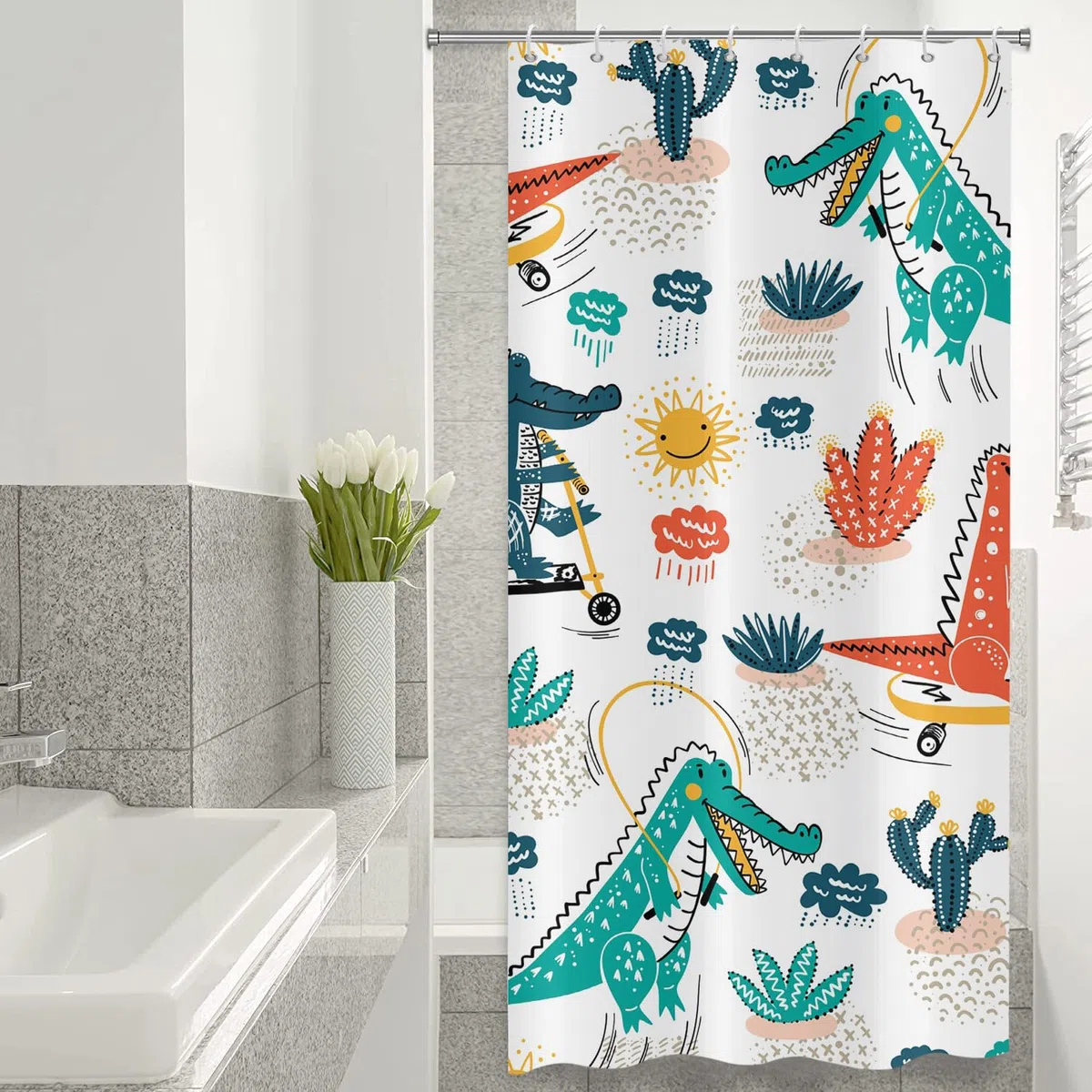 Tenda da doccia per bambini di 120 x 180 cm, carina illustrazione di coccodrillo, cactus, sole, nuvola, lavabile, stretta, tende da doccia impermeabili per vasca da bagno