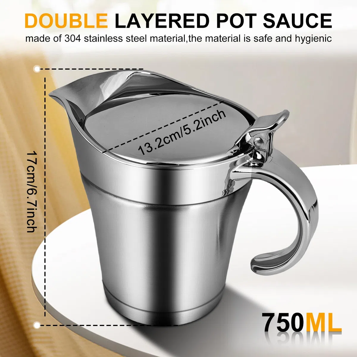 Salsiera termica in acciaio inox, con coperchio ribaltabile, 750 ml, ciotola per salsa in argento, doppio isolamento, vaso per salsa termica, posacenere per crema alla vaniglia, salsa maionese, latte
