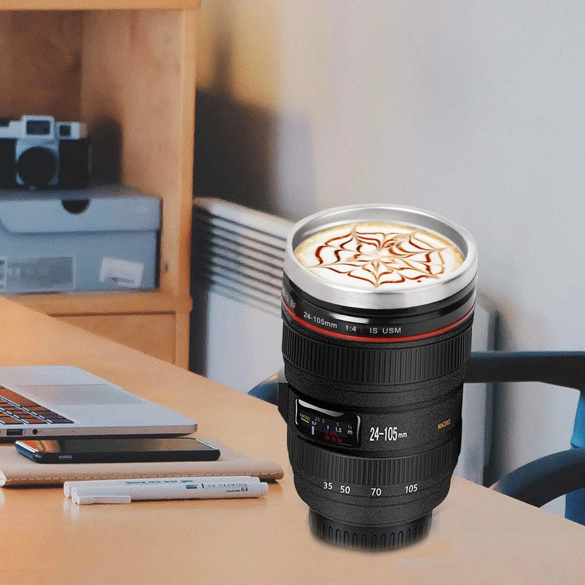 SLOSH Tazza Viaggio Caffè Obiettivo Camera Lens Con 2 Coperchi Tazza Auto Ufficio Acciaio Inox Tumbler Travel Mug Tazze Macchina Fotografica fotografico Cup (GE-II-V)