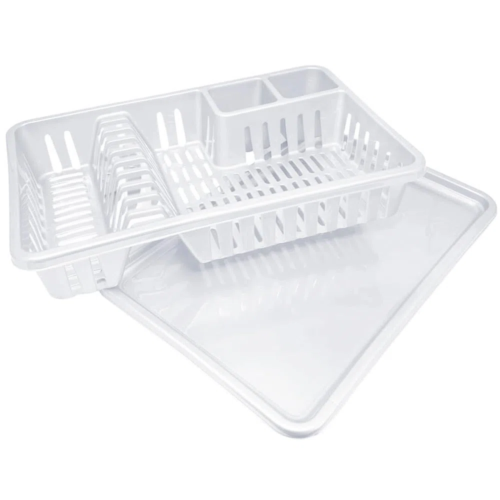 VIRSUS Scolastoviglie con vassoio raccogli goccia, dimensioni 45,5x36x7 cm, Scolapiatti plastica per i bicchieri piatti e tre scomparti per le posate Vari colori (bianco)