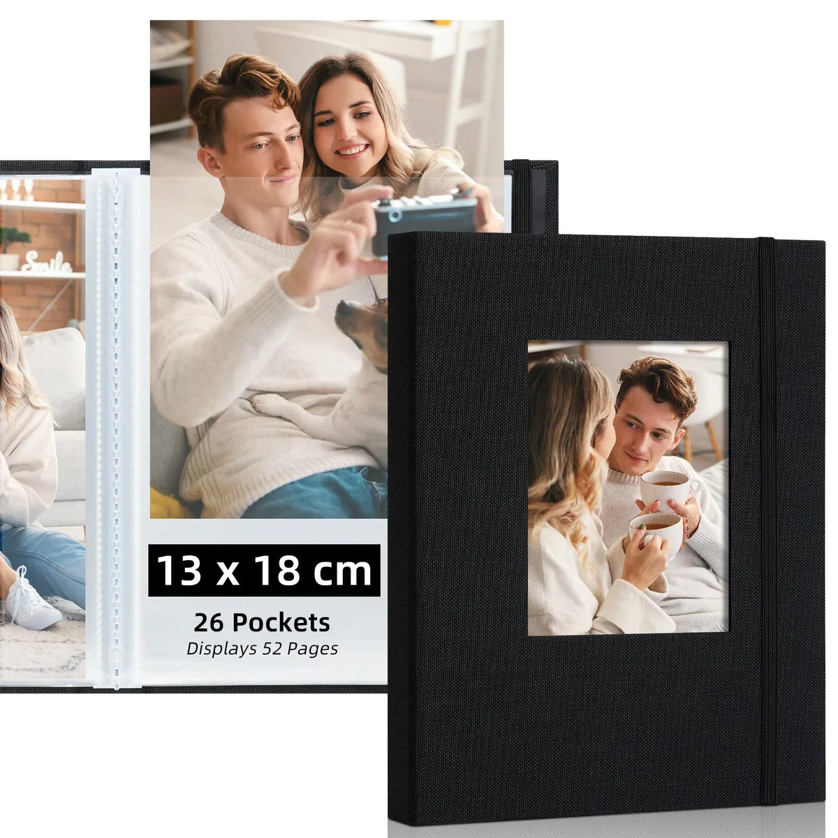 Album Fotografico 13x18 con Copertura Personalizzabile – 26 Tasche (Contiene 52 Foto) – Album per Foto DIY con Album Portafoto per Famiglia, Viaggio, Matrimonio, Nero