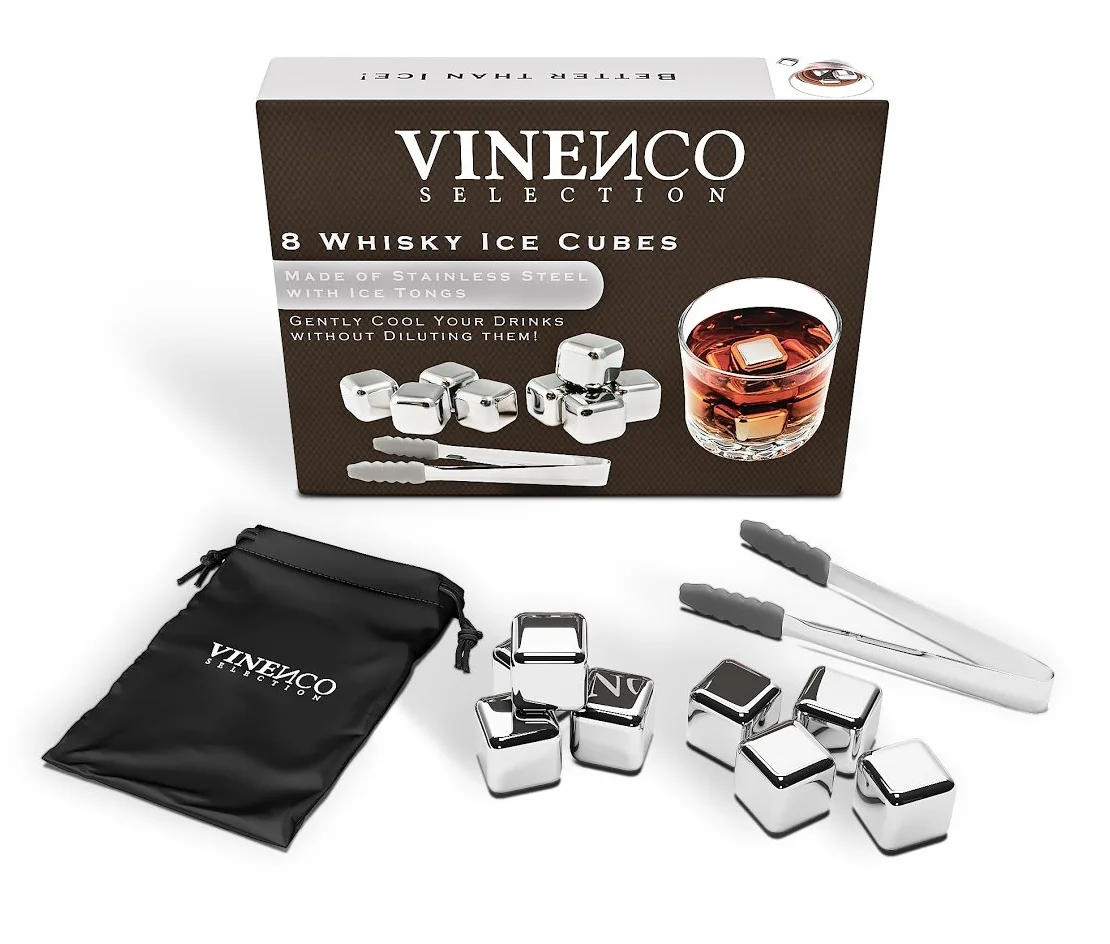 Cubetti di Ghiaccio Riutilizzabili, Set Pietre Acciaio & Basalto da Whisky Refrigeranti + Pinza + Bustina | Aperitivo Accessori Bar: Cocktail Whiskey Ice Cube Stone Kit, Idea Regalo Donna Uomo Festa