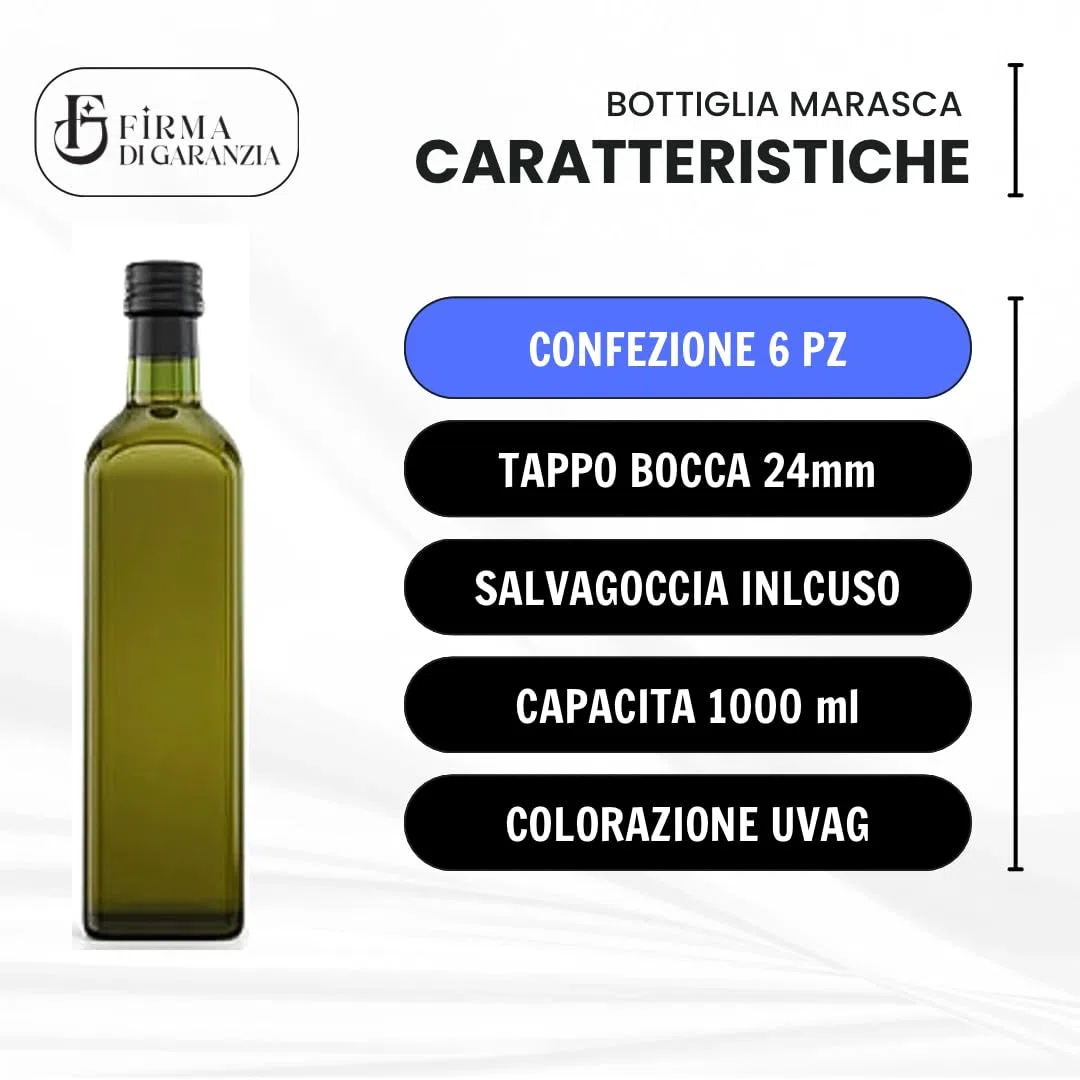 Firmadigaranzia srl - 6 pz - Bottiglie Per Olio E Liquore 1000 ml - Marasca Quadre In Vetro Uvag con Dosatore Salvagoccia e Tappo Ermetico - Made In Italy - Uso professionale e domestico