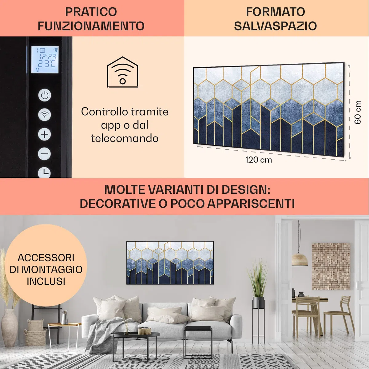 Klarstein Air Art Smart Stufa Elettrica Basso Consumo, Termoconvettore Elettrico da Parete 700W con Controllo IoT/WiFi App, Termosifone Elettrico a Muro, Pannello Radiante Infrarossi, Senza CO2