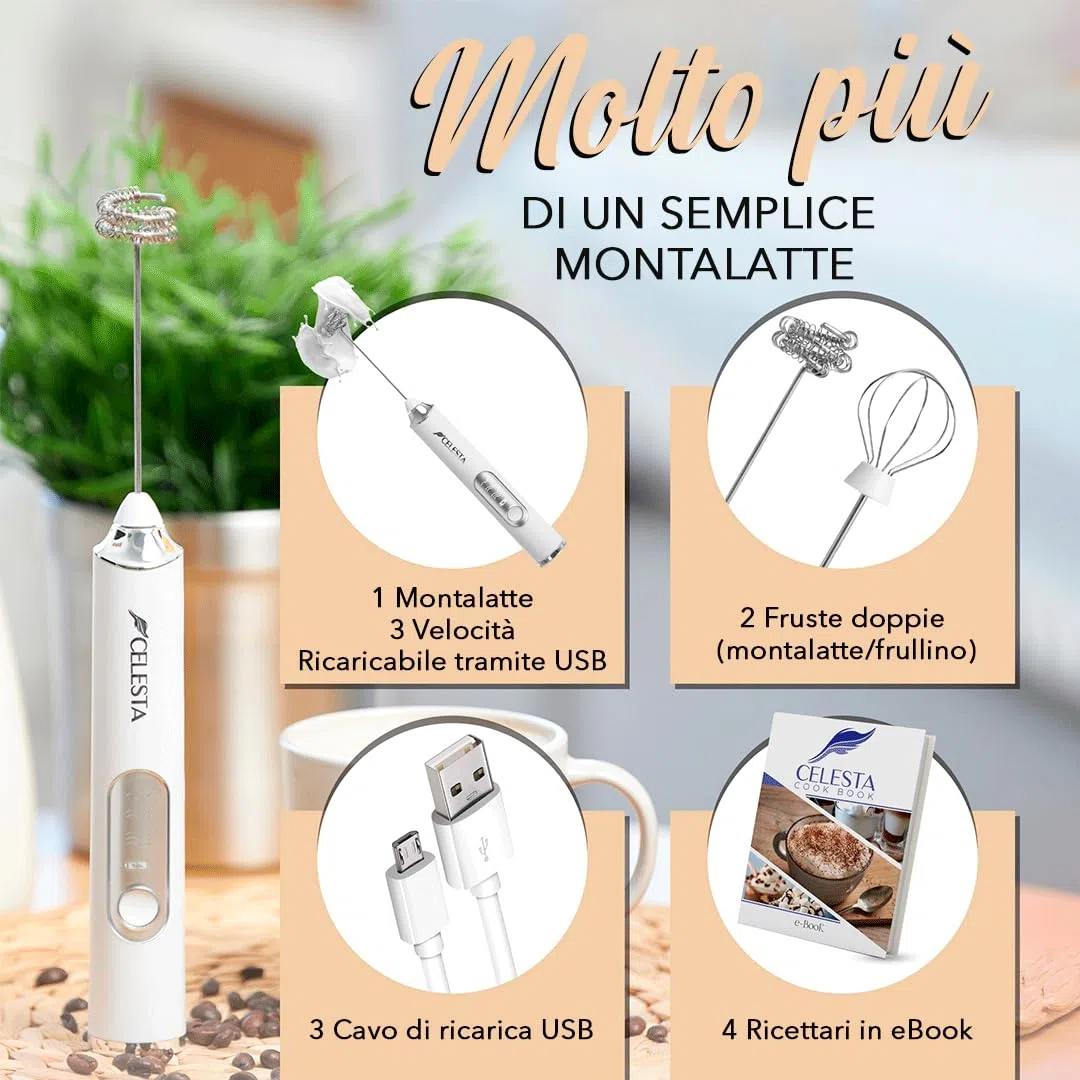 Montalatte elettrico portatile Celesta - Montalatte ricaricabile tramite USB - 2 fruste in acciaio inossidabile + cavo USB, montalatte e sbattitore per le uova