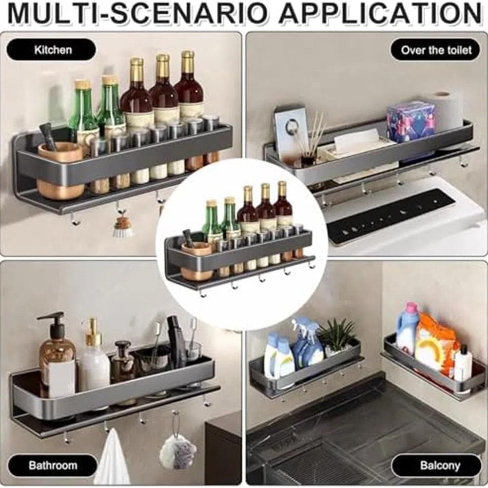 Scaffale da cucina in acciaio al carbonio da parete, senza trapano, mensola salvaspazio con ganci per spezie, utensili e barattoli, design moderno grigio per organizzare condimenti A