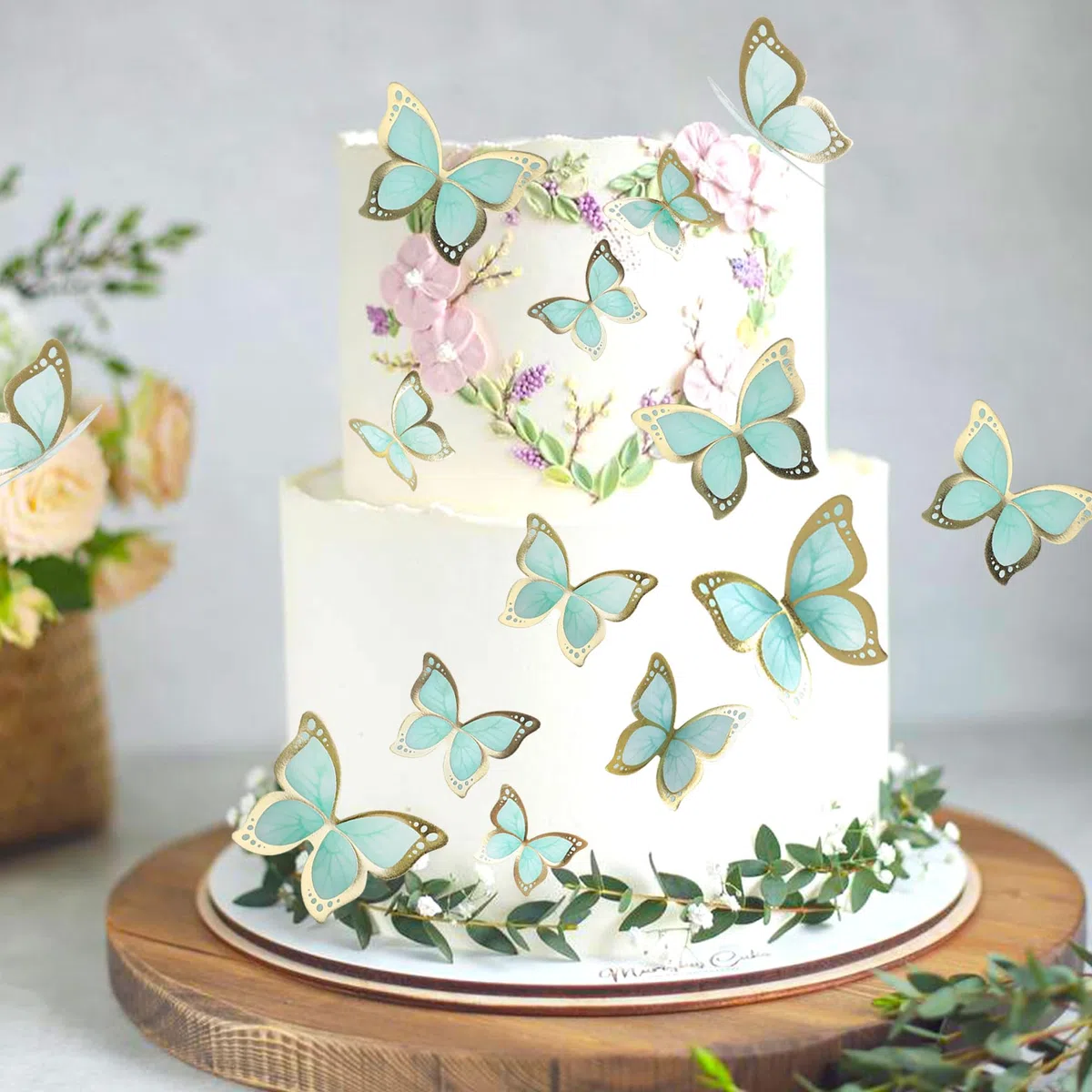 Blumomon Accessori per torta 3D con farfalle, decorazioni, bordo in oro verde, dimensioni miste, topper per cupcake a farfalla, matrimonio, baby shower, matrimonio, anniversario, compleanno, festa,