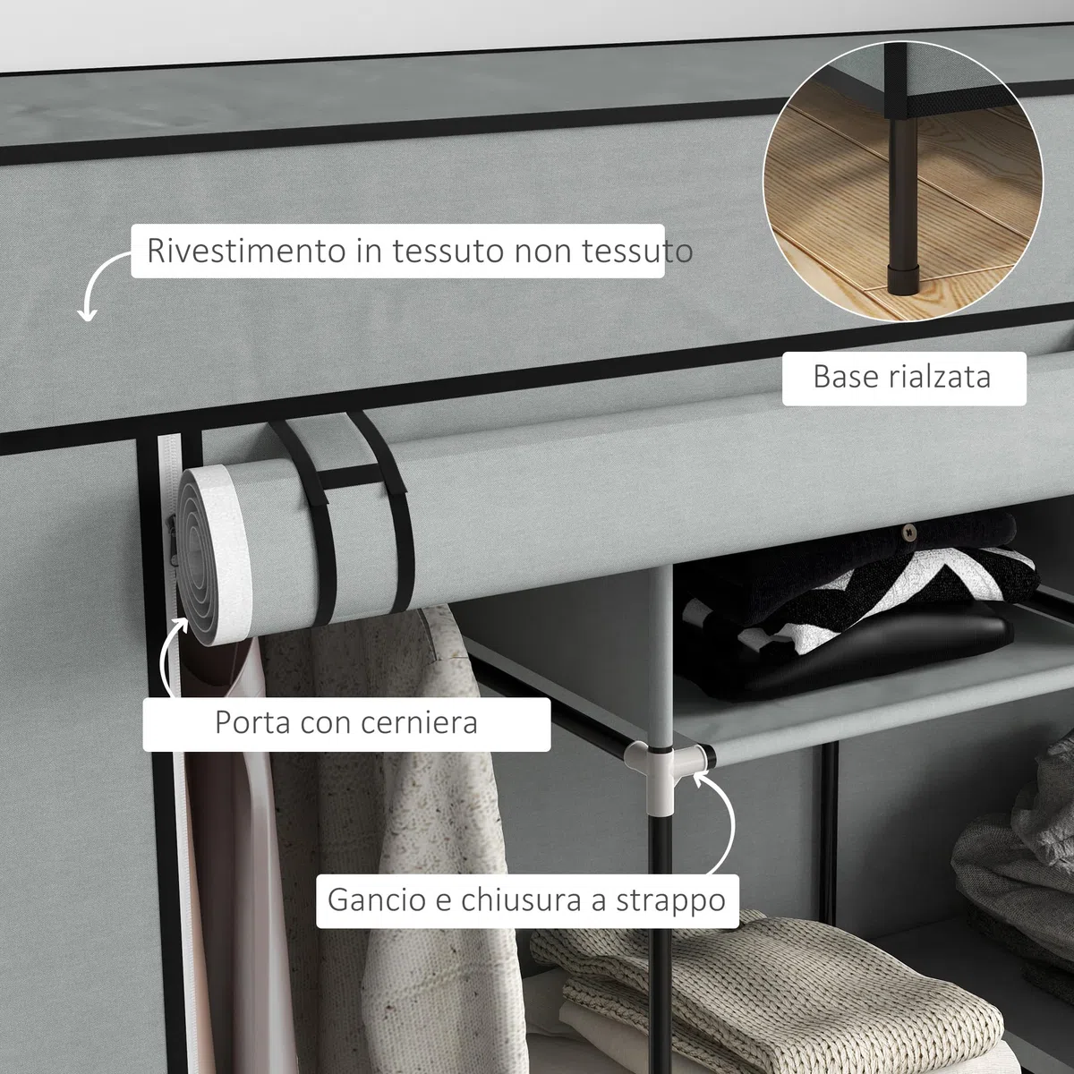 HOMCOM Armadio Portatile in Tessuto non Tessuto e Acciaio, Guardaroba con 10 Ripiani, 4 Cassetti, 2 Barre Appendiabiti e Ante a Cerniera, 166x42.5x169.5cm, Grigio Scuro