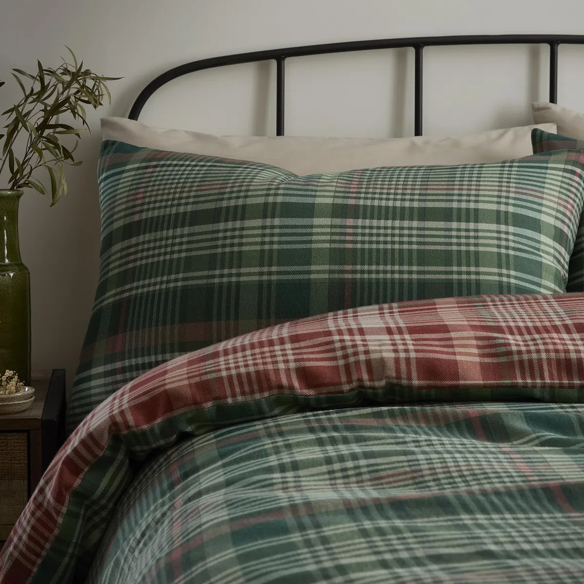Dreams & Drapes Lodge Bennet - Set copripiumino a quadri, 100% cotone spazzolato, king size 230 x 220 cm, verde, motivo tradizionale a quadri, 2 federe