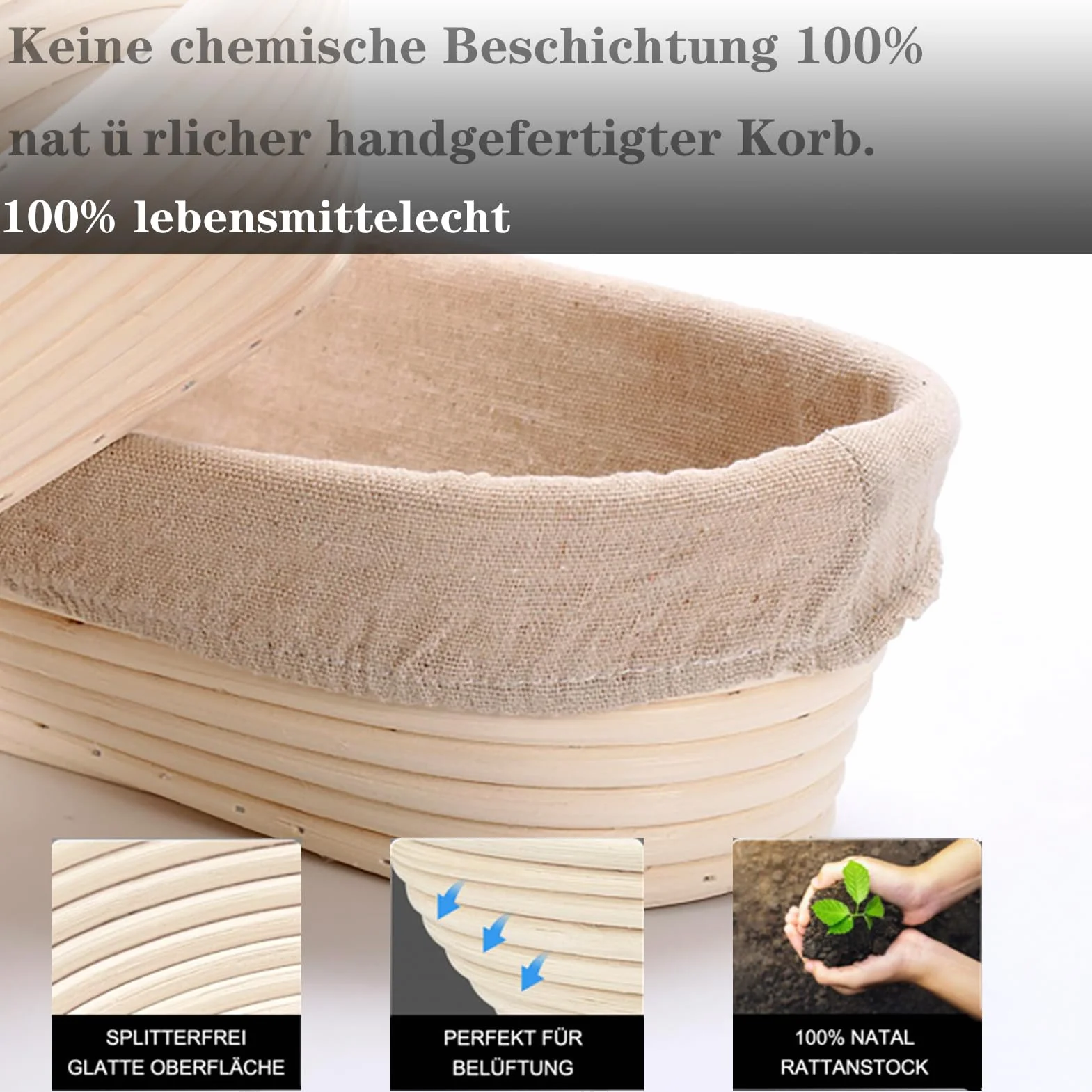 Cestino Lievitazione Pane, 25 cm Set di Cestini per la Fermentazione da 1 kg, Set con Spazzola, Coltello da Pane, Panno di Lino