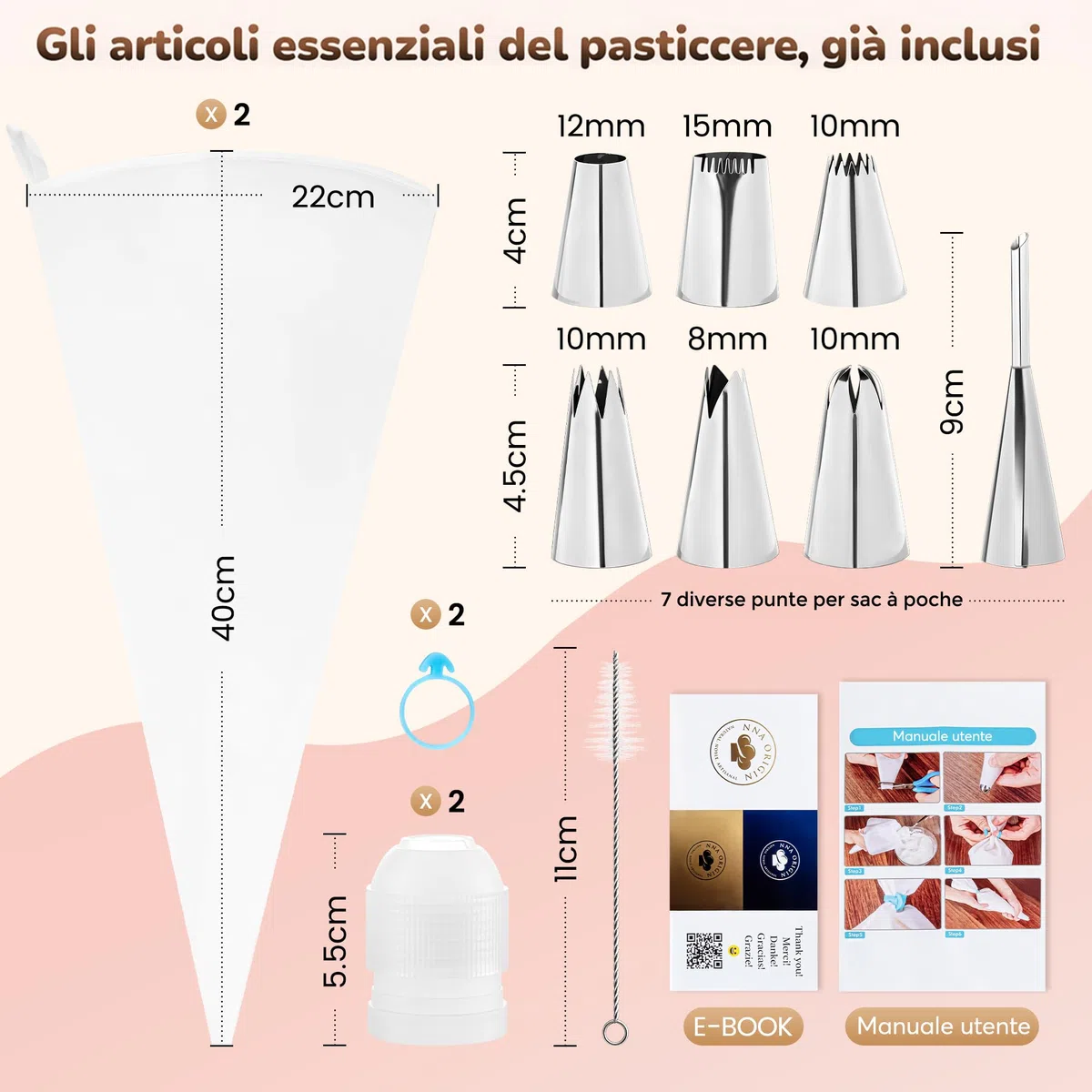 Sac à poche professionale 40 cm | Set con 2 sacche riutilizzabili in cotone | 7 Beccucci Decorativi in Acciaio Inox | Sac a Poche Riutilizzabile in Cotone, Lavabile in Lavastoviglie | Beccucci Grandi