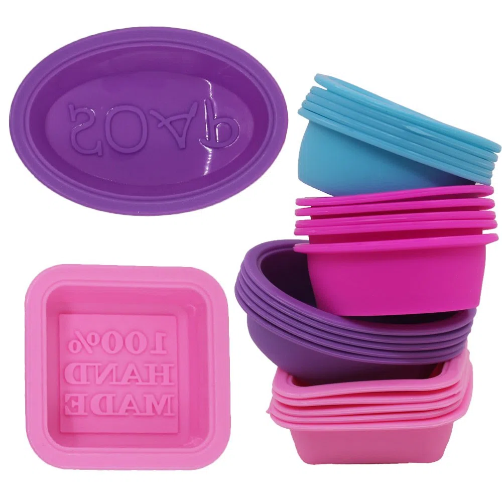 20 pc sapone in silicone che fa stampi, forma rotonda ovale quadrata, fineGood dolce cupcake muffin stampo per fai da te artigianale fatto in casa, commestibile