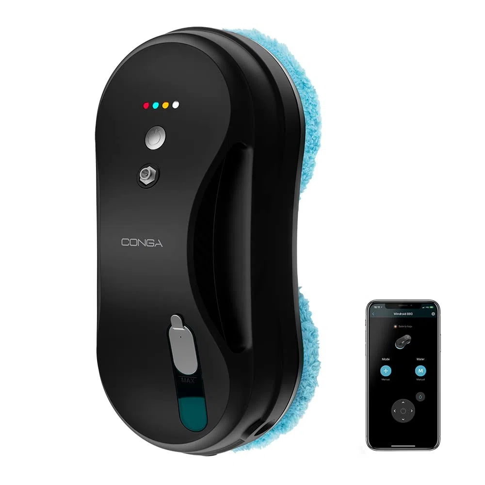 Cecotec Robot per la pulizia delle finestre con APP Conga Windroid 880 SprayWater Connected T. Funzione 3 in 1: spruzzare, pulire e asciugare, spray liquido incorporato, 4 programmi