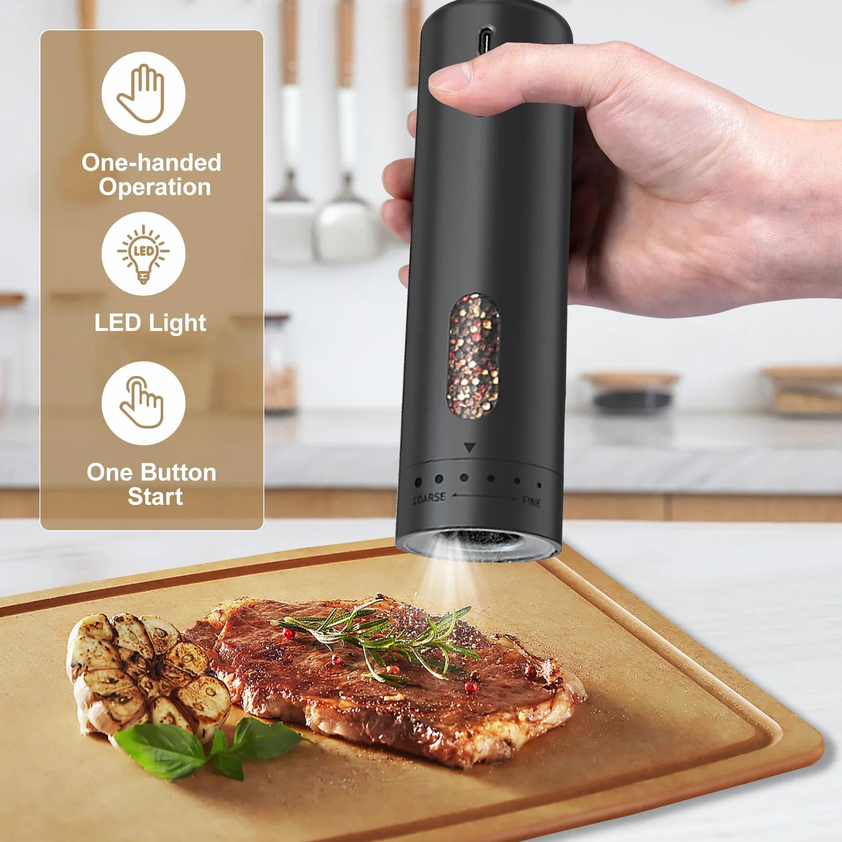 Macina pepe e sale elettrico, 110ml macina sale pepe USB ricaricabile, macina spezie con 5 livelli di regolazione dell'ingranaggio esterno con finestra di visualizzazione