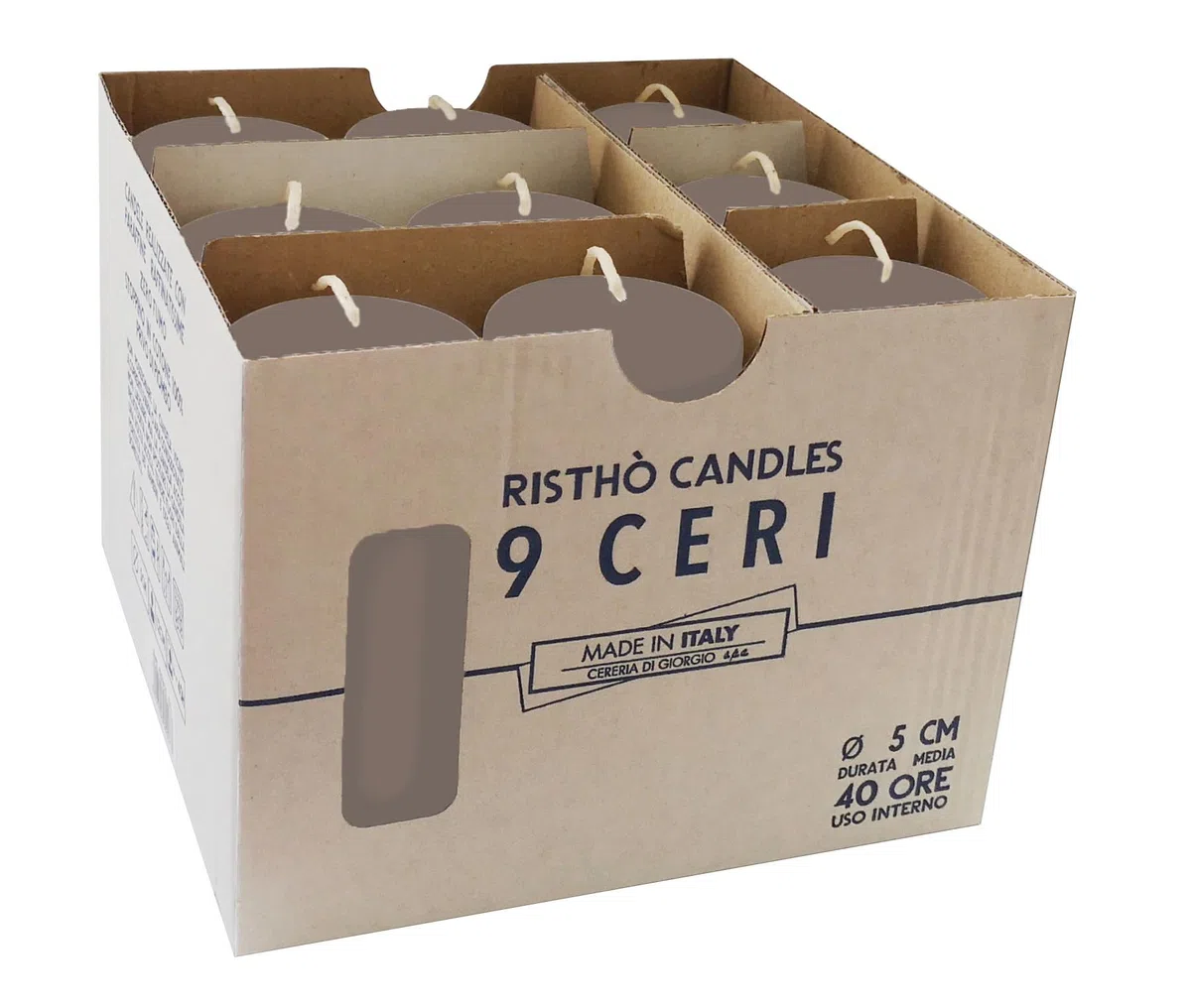 Risthò Candele Cero, Tortora, Diametro 5 cm, Altezza 12 cm, 9 pezzi