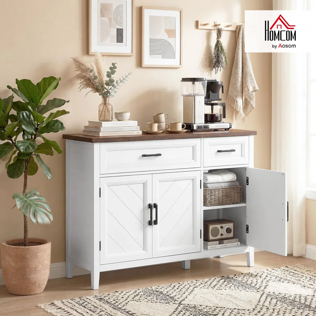 HOMCOM Credenza Cucina, Mobile Cucina con 3 Ante a Fienili, Ripiani Regolabili e 2 Cassetti, Piano Effetto Legno, Stile Rustico, Mobile Buffet per Soggiorno, Sala da Pranzo, 110x35x80.5 cm, Bianco