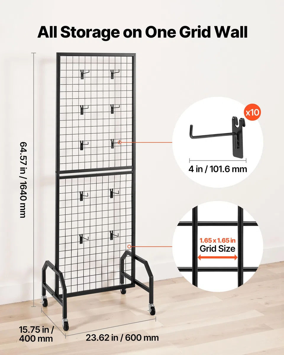 VEVOR Parete Pannello a Griglia 60 x 164 cm 1 pezzo Espositore da Pavimento con 10 Ganci, Parete a Pannello in Acciaio al Carbonio, Scaffale per Esposizione per Decorazioni, Nero