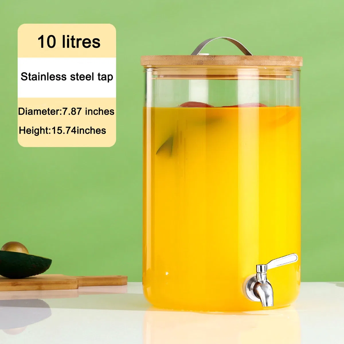 Dispenser per bevande, 10 l, in vetro, con rubinetto in acciaio inox, con supporto in bambù, per feste