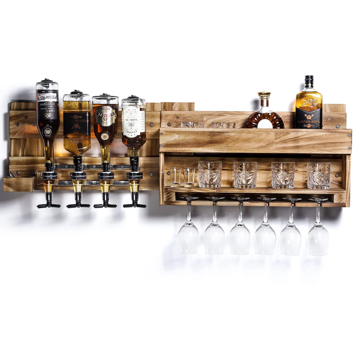 Yorbay Portabottiglie a Parete con 4 Dispenser Bevande, Supporto in Vetro, Porta Bottiglie da Vino, Porta Calice, Scaffale di Esposizione di Stoccaggio del Vino in Legno Rustic