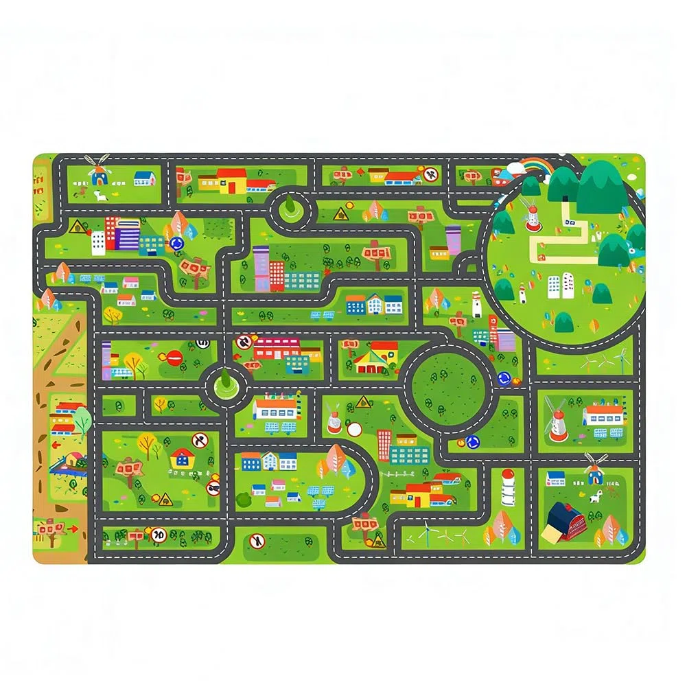 Tappeto con Tracciato Stradale Cartoon, Tappeto Mappa Città, Carpet in Fibra di Poliestere,Carpet Decorativo Antiscivolo e Lavabile per Ambienti Domestici-80x120cm