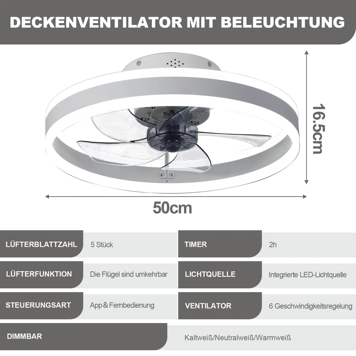 DATO Ventilatore da soffitto con luce, 3 temperature di colore e 6 velocità, controllo tramite app/telecomando, silenzioso, dimmerabile (Bianco, 50CM)