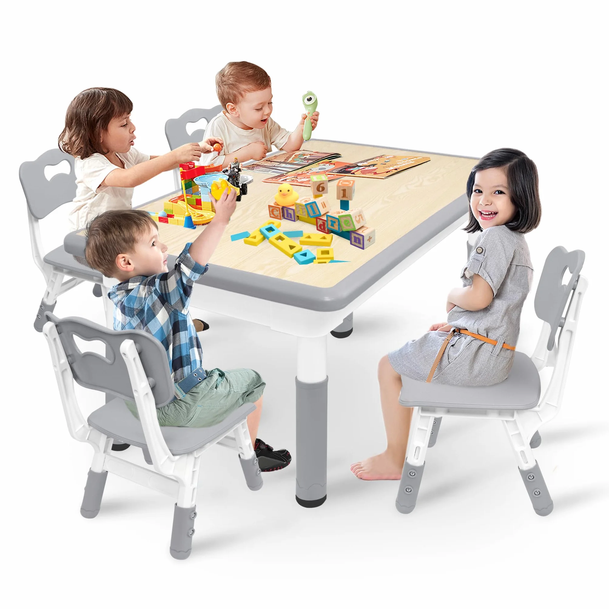 LZQ Tavolo con Sedie per Bambini, Set di Mobili per Bambini con 4 Sedie, Regolabile in Altezza, per Ragazzi e Ragazze dai 2 Anni in Su
