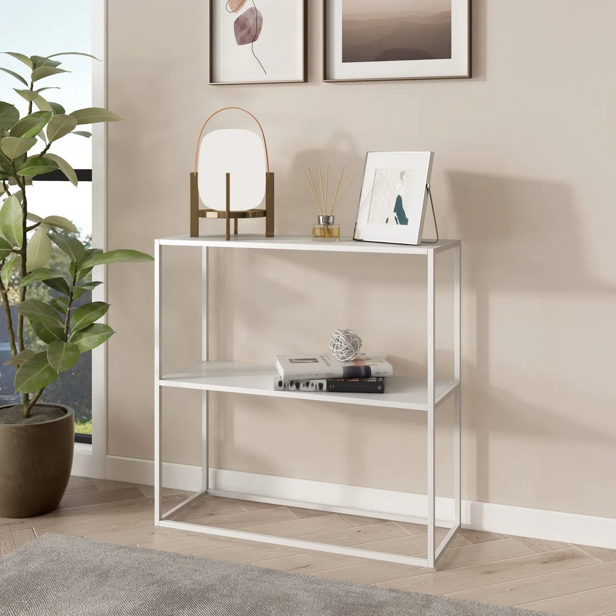 [en.casa] Tavolo a Consolle con 2 Piani Mobile Stretto da Ingresso Consolle in Acciaio Scaffale da Terra Espositore 80 x 80 x 26 cm - Bianco opaco