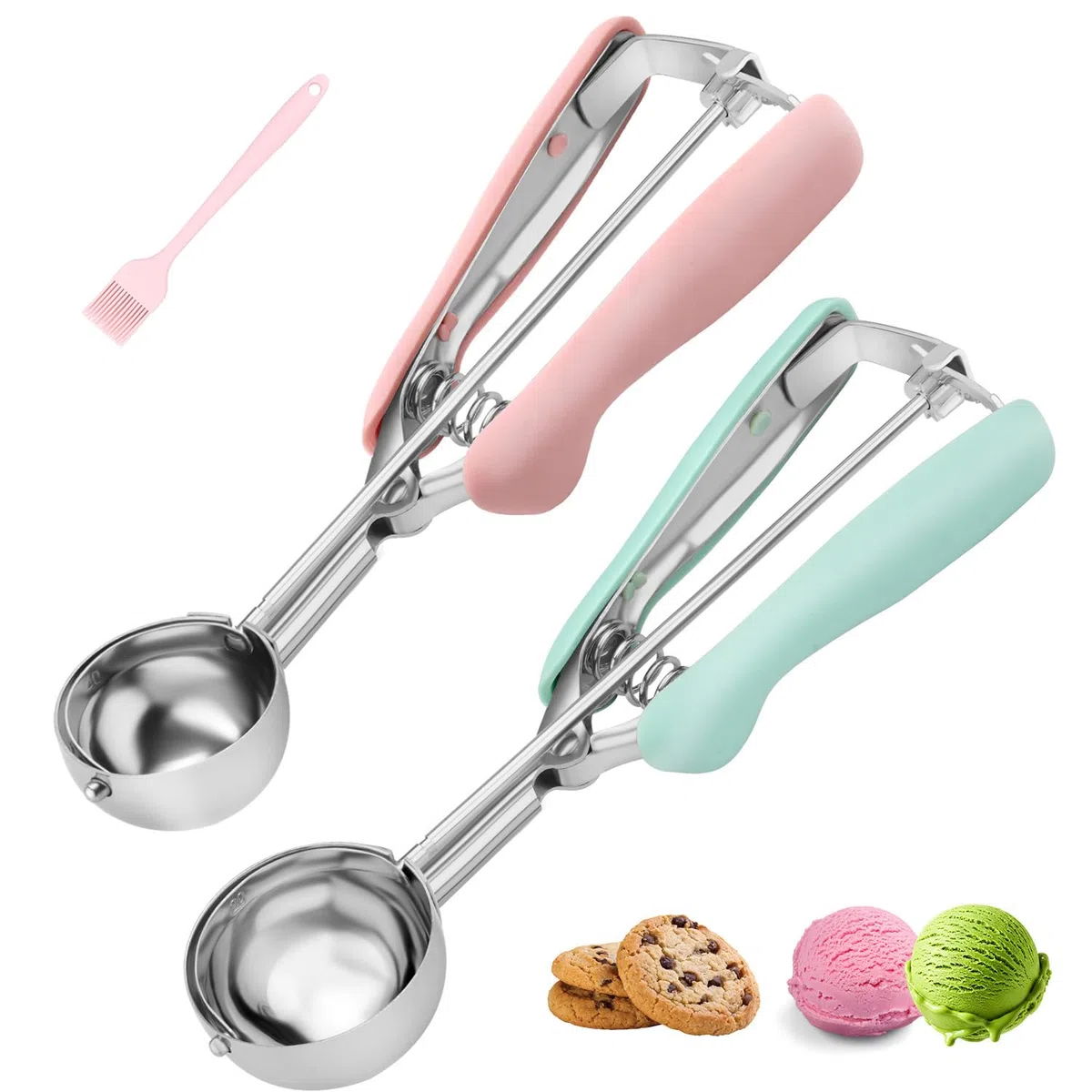 Set di 2 Porzionatori per Gelato e Impasto Biscotti in Acciaio Inox 18/8, Cucchiaio Dosatore con Impugnatura Morbida Ergonomica e Sistema a Molla per Cupcake, Muffin, Polpette - Rosa & Verde Menta