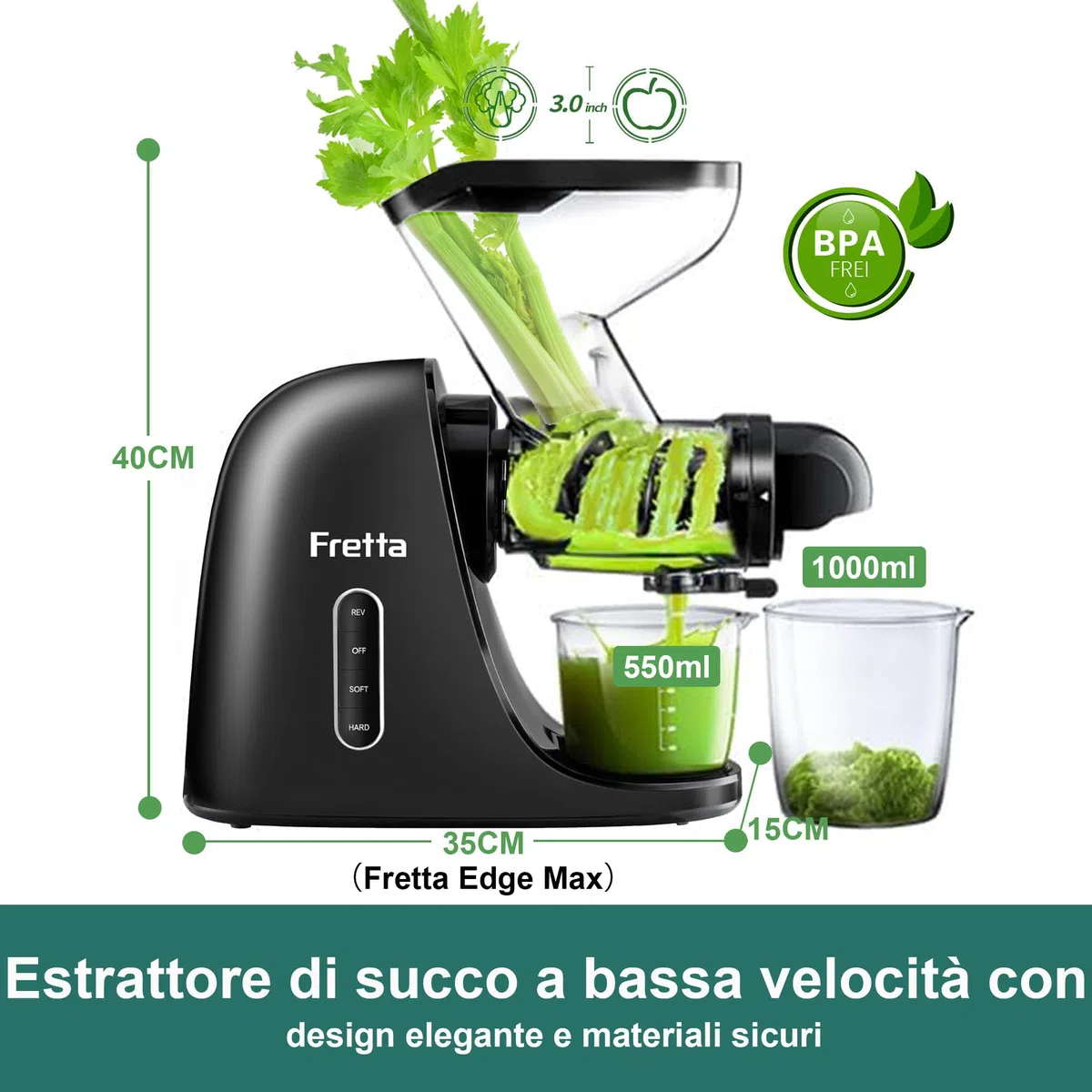 Fretta Estrattore frutta e verdura, Ampio scivolo da 76 mm, Senza BPA, Estrattore di succo silenzioso con funzione inversa, Facile da pulire (Nero)