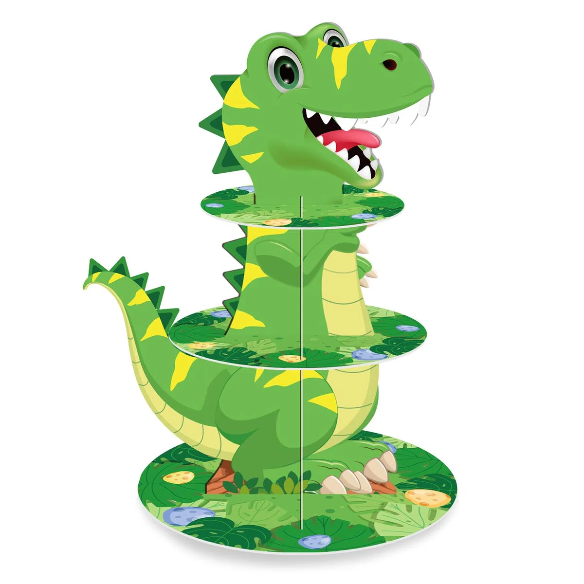 Stand per Cupcake a 3 Livelli, Porta Dolci in Cartone Tema Dinosauri, Espositore Rotondo per Festa di Compleanno Bambini, Decorazione Tavolo Festa