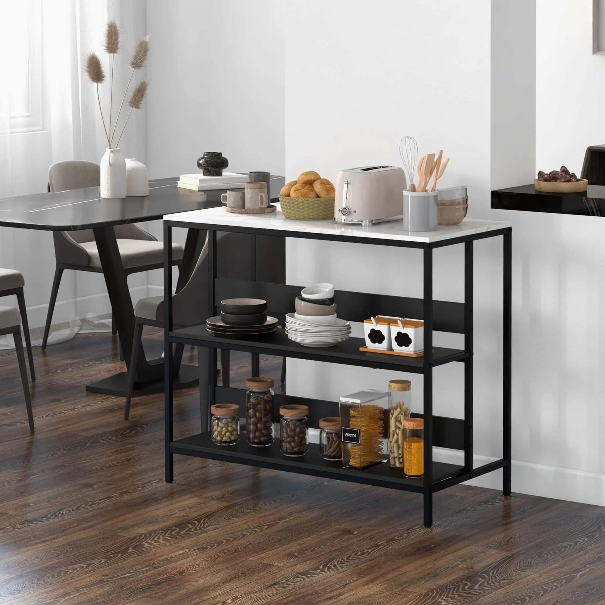 HOMCOM Isola da Cucina Bancone Bar con Ripiani, Scaffale da Cucina con Piano Effetto Marmo e Struttura in Metallo, 100x50x90cm, Nero e Bianco
