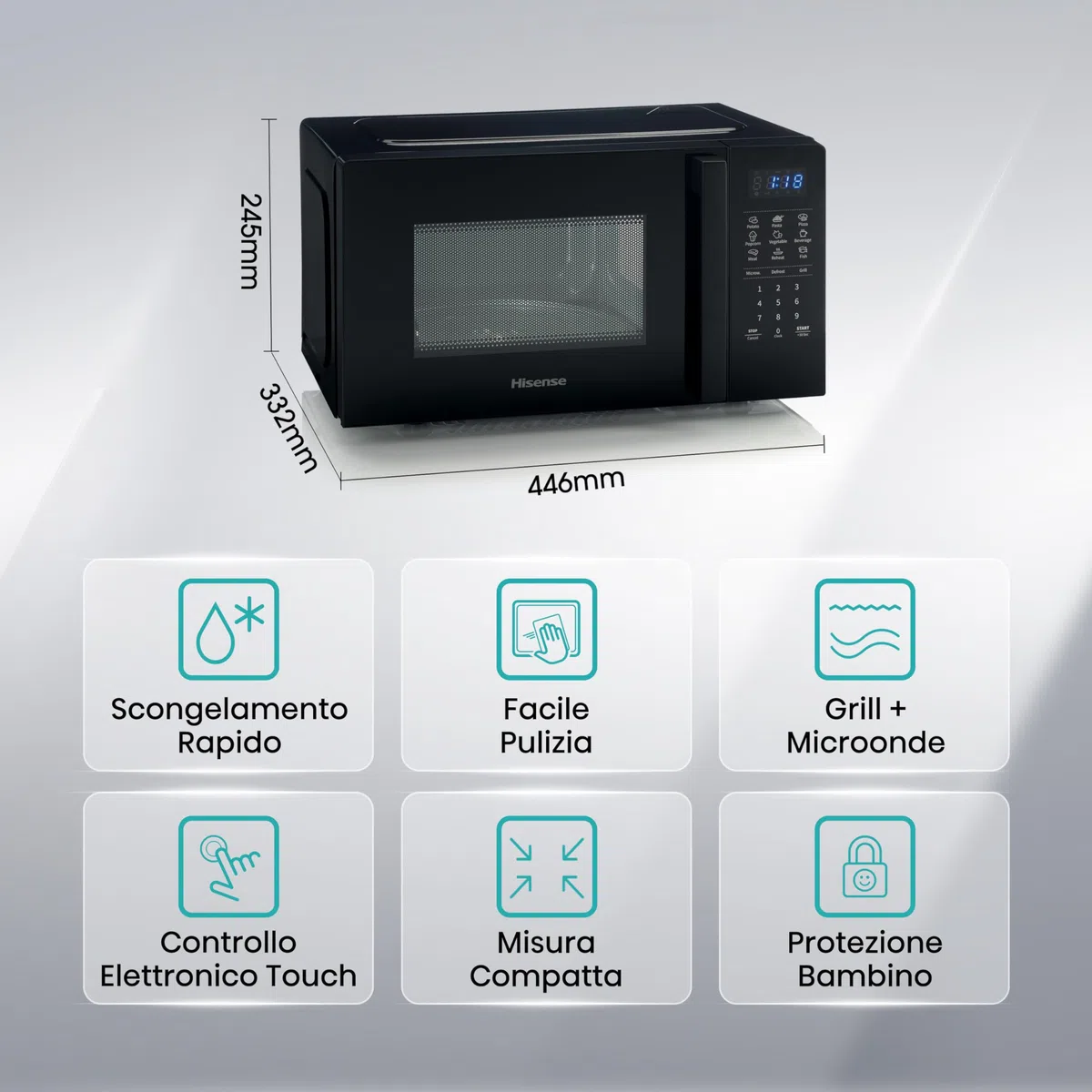 Hisense H20MOBS4HG Forno Microonde con controllo Elettronico, Capacità 20 L, Potenza 700 Watt, Funzione Grill 800 W, Display Led Comandi Touch, Colore Nero