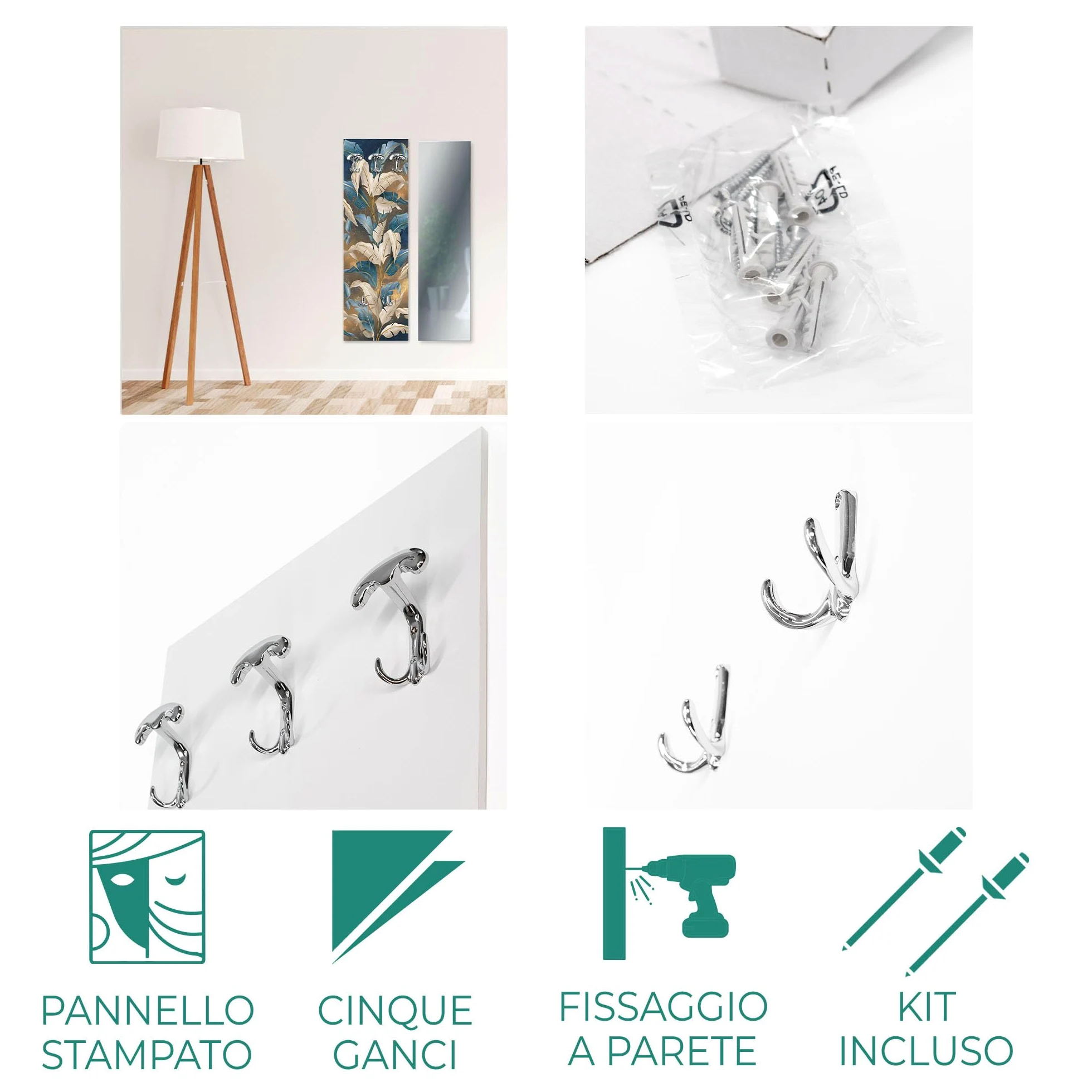Lupia - Appendiabiti da Parete moderno con pannello in legno Stampato, FOGLIAME 46x125 cm, Design Naturalistico, 5 Ganci in metallo, Stampa HD, ingresso soggiorno camera da letto