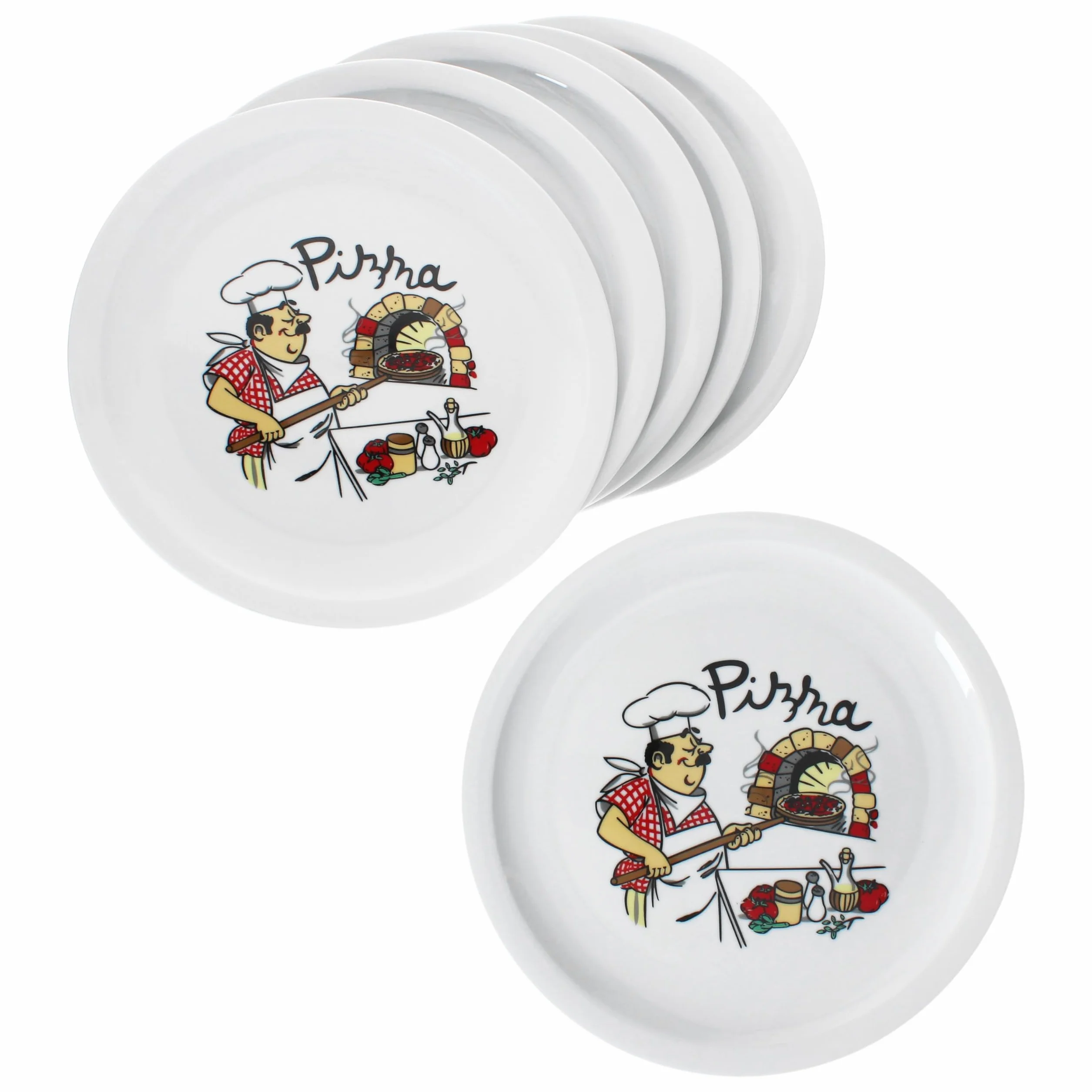 MamboCat Luigi Set di 6 piatti per pizza I Ø 30,5 cm I per 6 persone I Grandi piatti per pizza bianchi in porcellana con motivo da pizzaiolo I Per pizze o per servire I Piatti piani