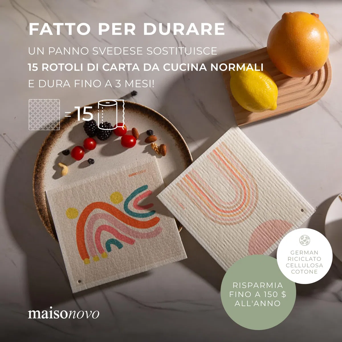MaisoNovo Strofinacci Svedesi - Strofinacci Svedesi Per La Cucina - Asciugamani Di Carta Riutilizzabili Panni Lavabili Per La Pulizia Della Cucina - Confezione Moderna Da 4 Pezzi