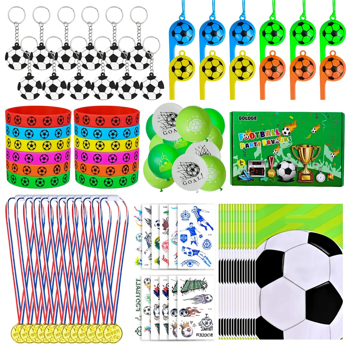 GOLDGE 87 pezzi di bomboniere per bambini con pallone da calcio, accessori decorativi per compleanno, con fischietto, portachiavi, adesivi, sacchetti per caramelle, medaglie, calcio, give-aways, per
