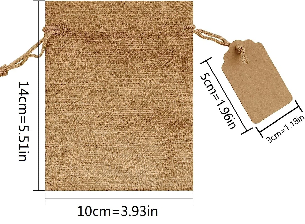 Lamondre 30 sacchetti in iuta con coulisse (10 x 14 cm) sacchetti regalo con 30 etichette fai da te, sacchetti regalo riutilizzabili, piccoli sacchetti con coulisse per fai da te, marrone