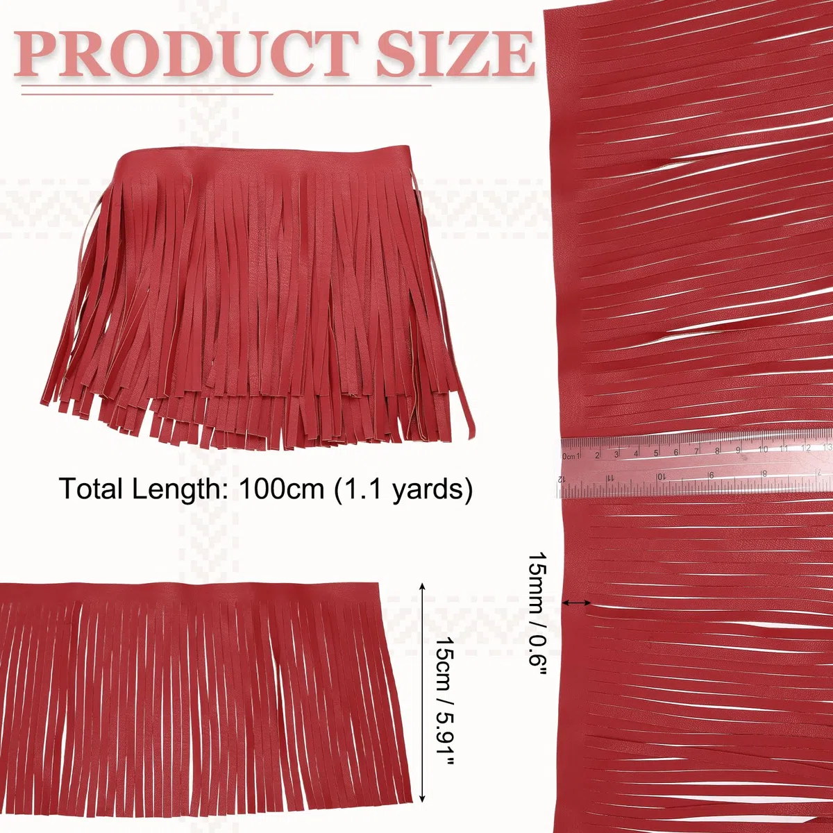 sourcing map Nastro con frange in pelle PU, larghezza 15 cm, doppio lato, per fai da te, artigianato, cucito, abbigliamento, borse, abbellimento, decorazione, rosso
