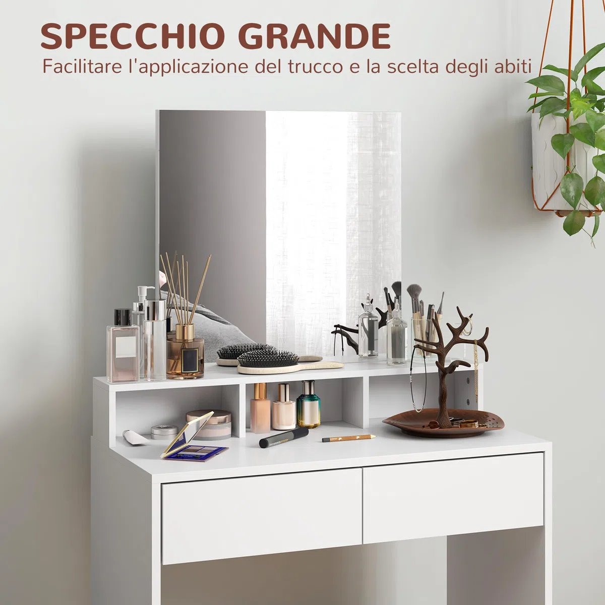 HOMCOM Postazione Trucco con Sgabello, Tavolo da Trucco con Specchio, 3 Ripiani, 2 Cassetti, Toeletta Trucco Moderno in Legno per Camera da Letto, 75x38x135 cm, Bianco