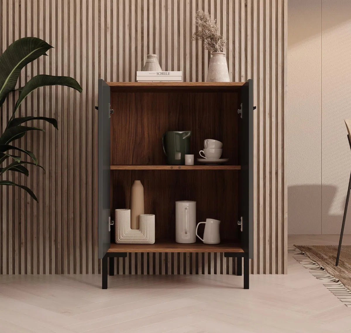 MB Muebles Bonitos, Credenza piccola Lander L15, Stile Moderno, Madia bassa multiuso con 2 ante, Colore Noce e Grigio, 60x84x30cm