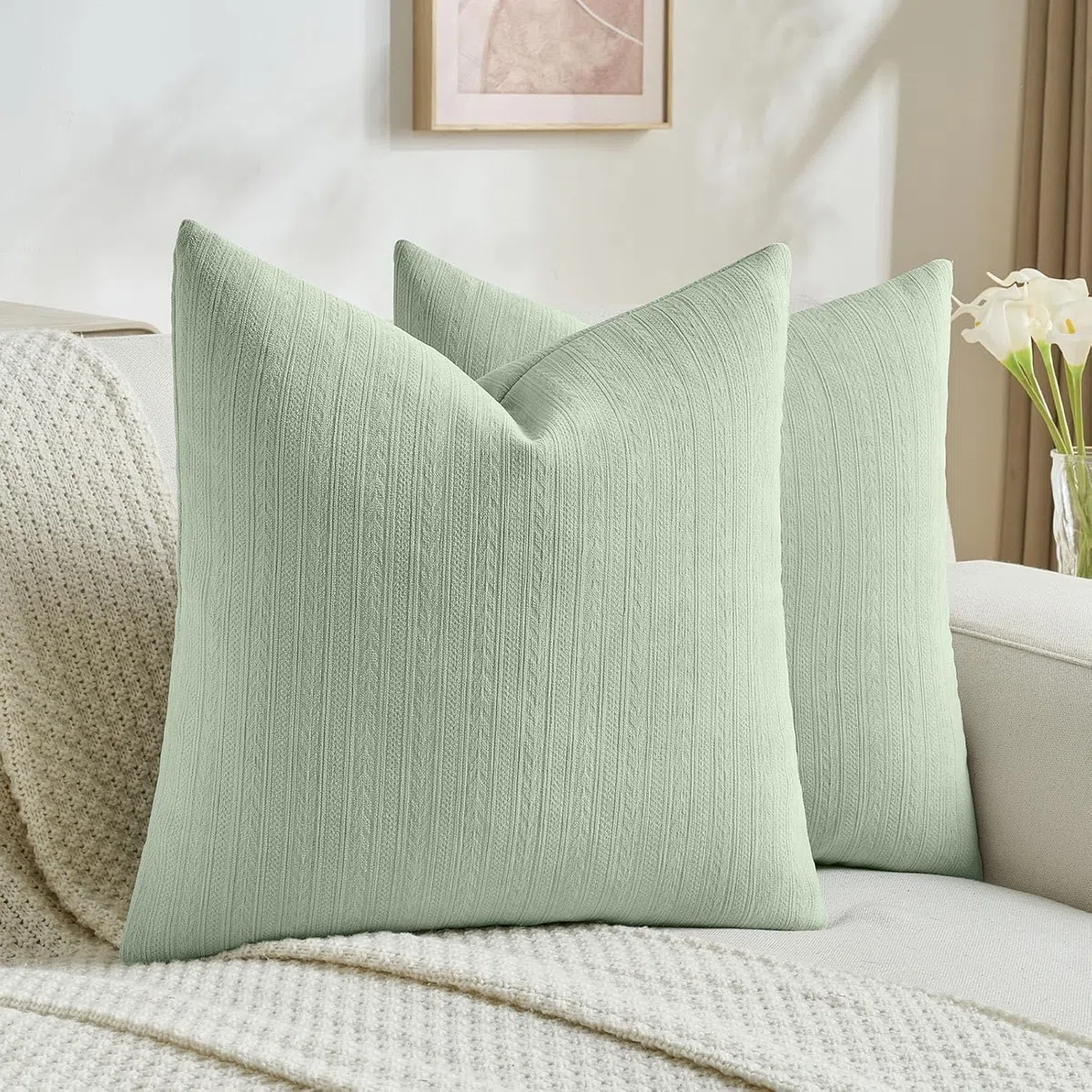 Ystyle Federe Cuscini Divano 50x50 Set da 2, Federe per Cuscini Arredo con Motivo a Spighe, Divano Copricuscini Moderno Morbido Resistenti, per Soggiorno Camera Balcone Esterno, Verde Salvia