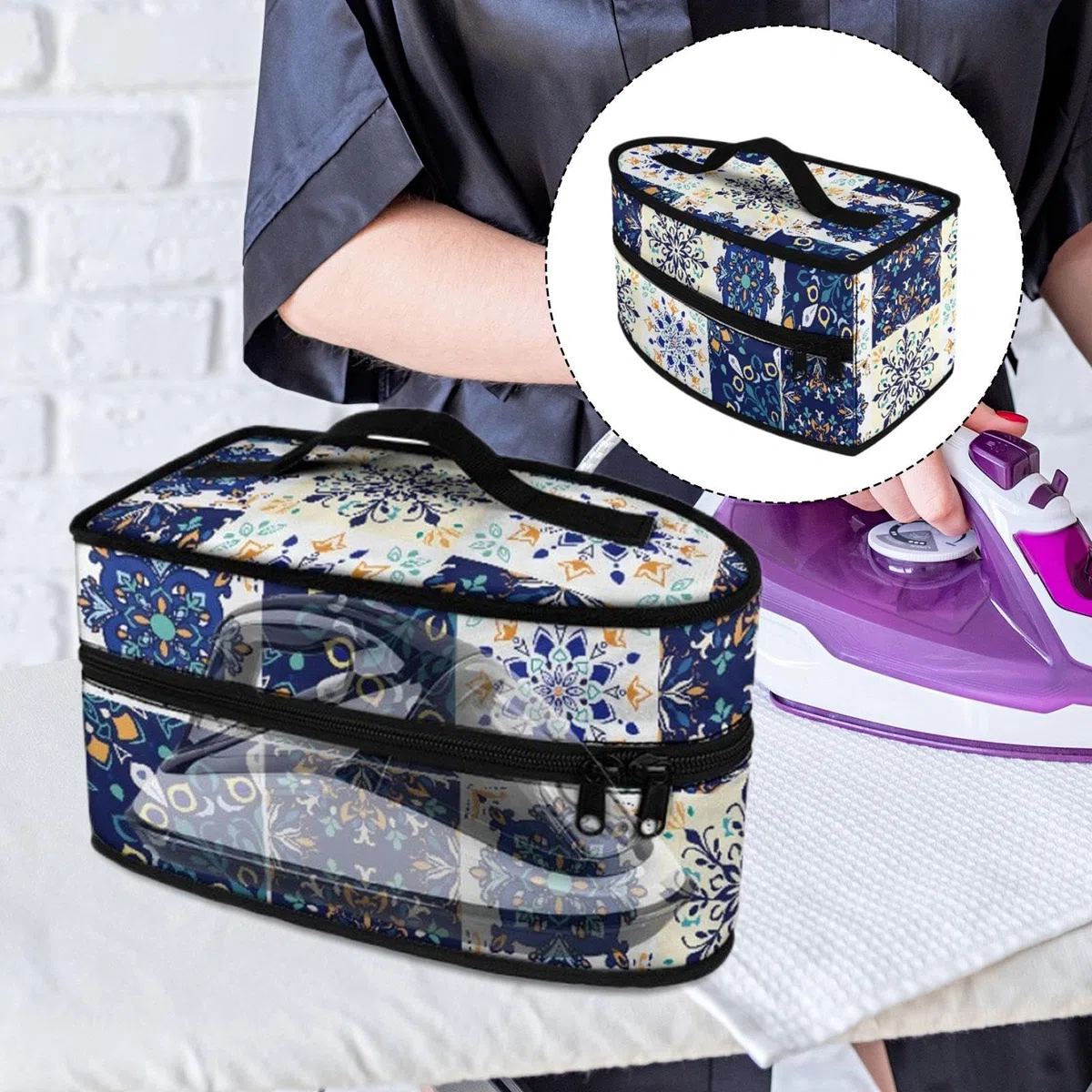 Borsa porta ferro da stiro, pratica e compatta, con manico, per viaggi d'affari, vacanze, Blu E Bianco