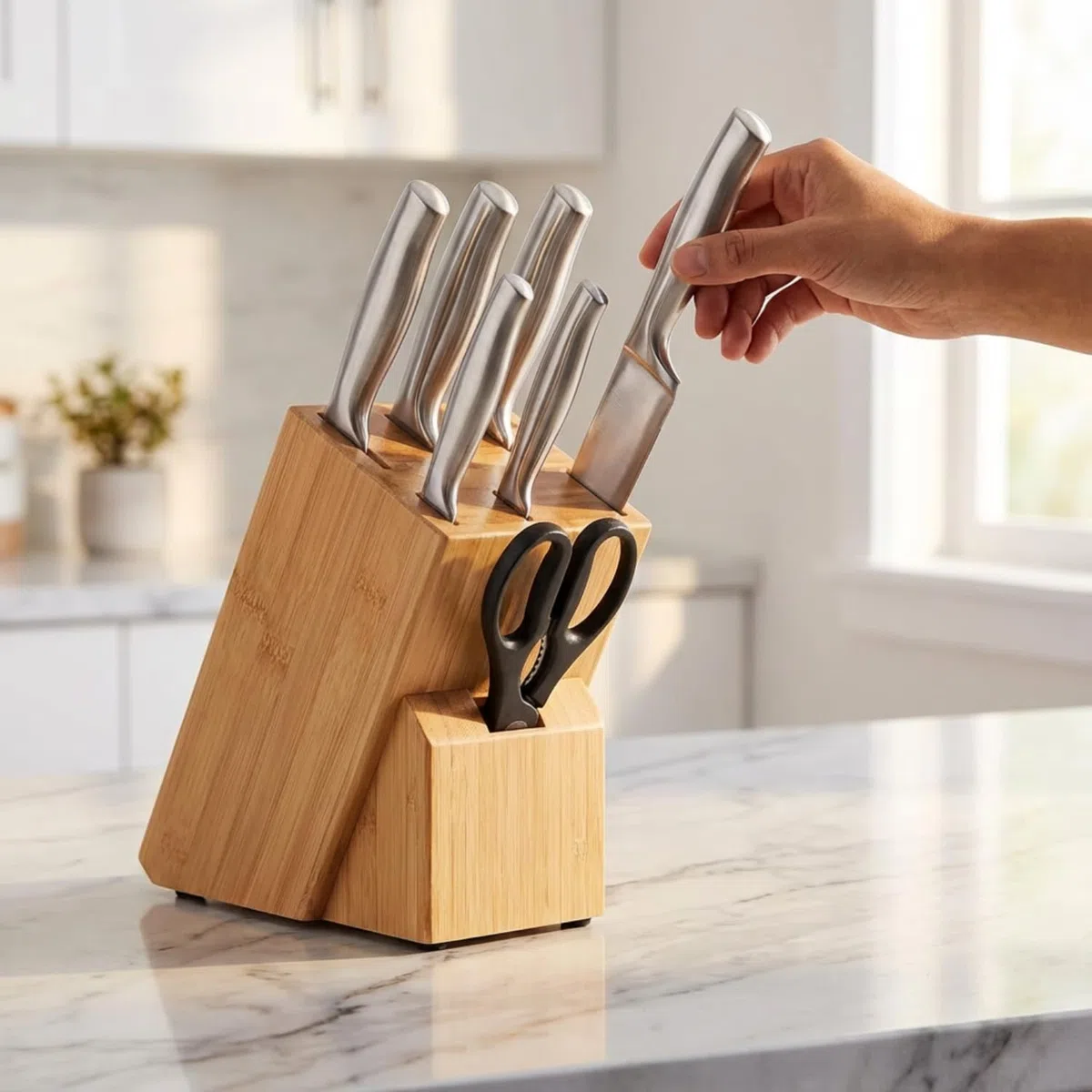 Ceppo Coltelli da Cucina senza Coltelli,Porta Coltelli Cucina in Bambù,Portacoltelli da Cucina per Bancone da Cucina,con Fessure per Forbici e Asta di Affilatura Ceppo Coltelli Universale